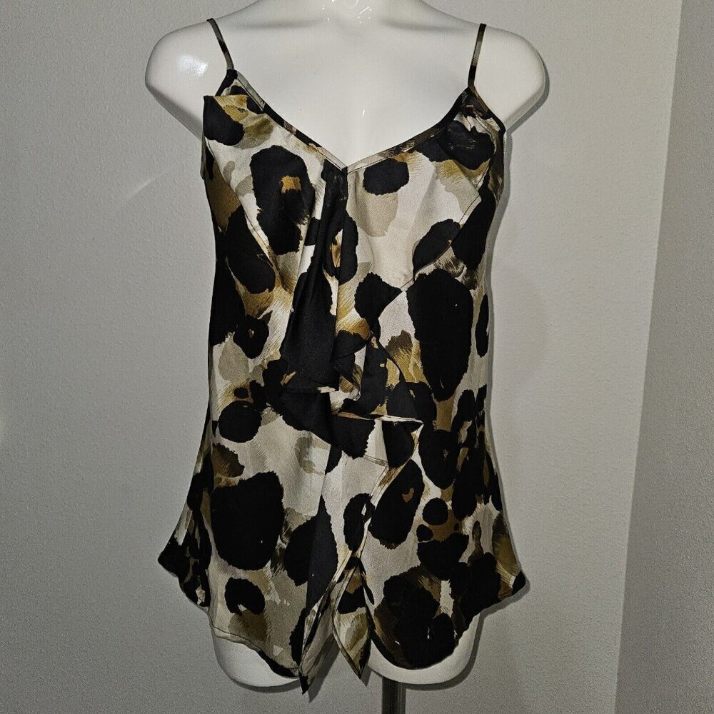 CAbi Ingenue Tank Top Size XS Black Brown Animal Print Ruffle Front Adjust Strap